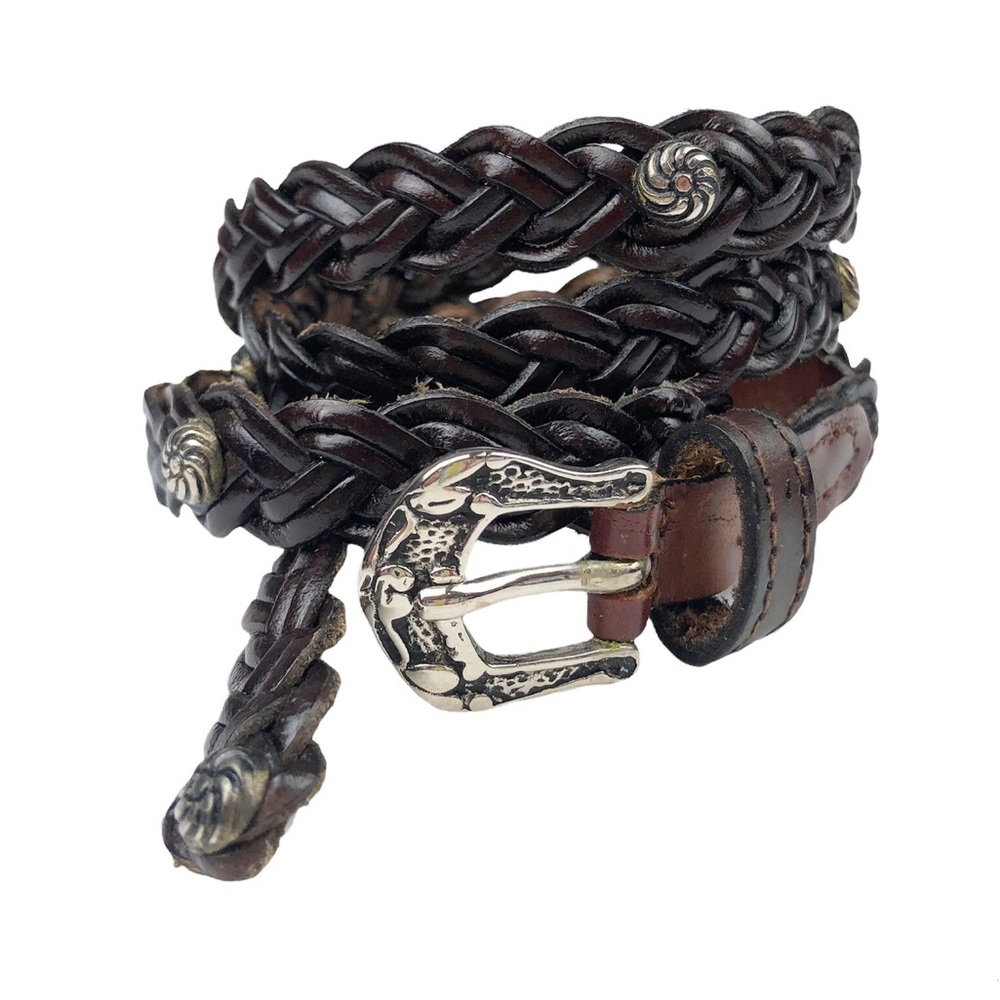 Vintage Donna Katz Braided Woven Belt Metal Accents Dark Brown Large
